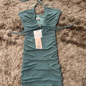 Oh Polly. Blue/teal mini dress with halter straps.